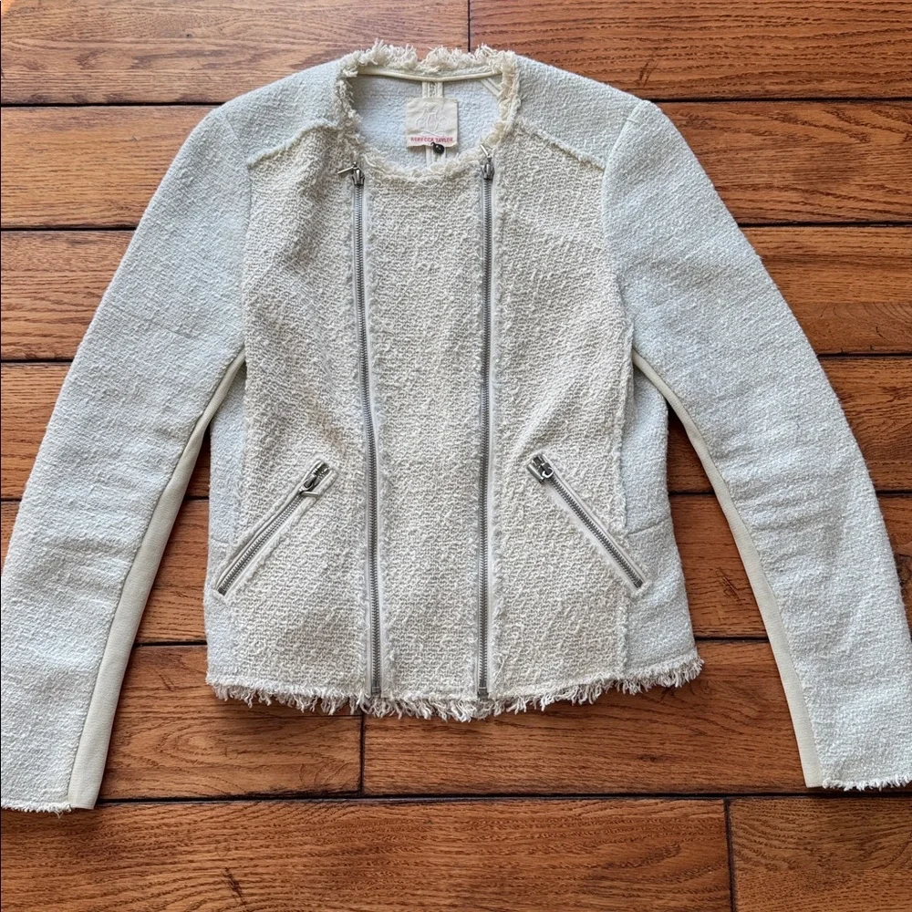 Rebecca Taylor‎ Genuine Lamb Leather Detail Tweed Jacket Beige/Light Blue Sz 8